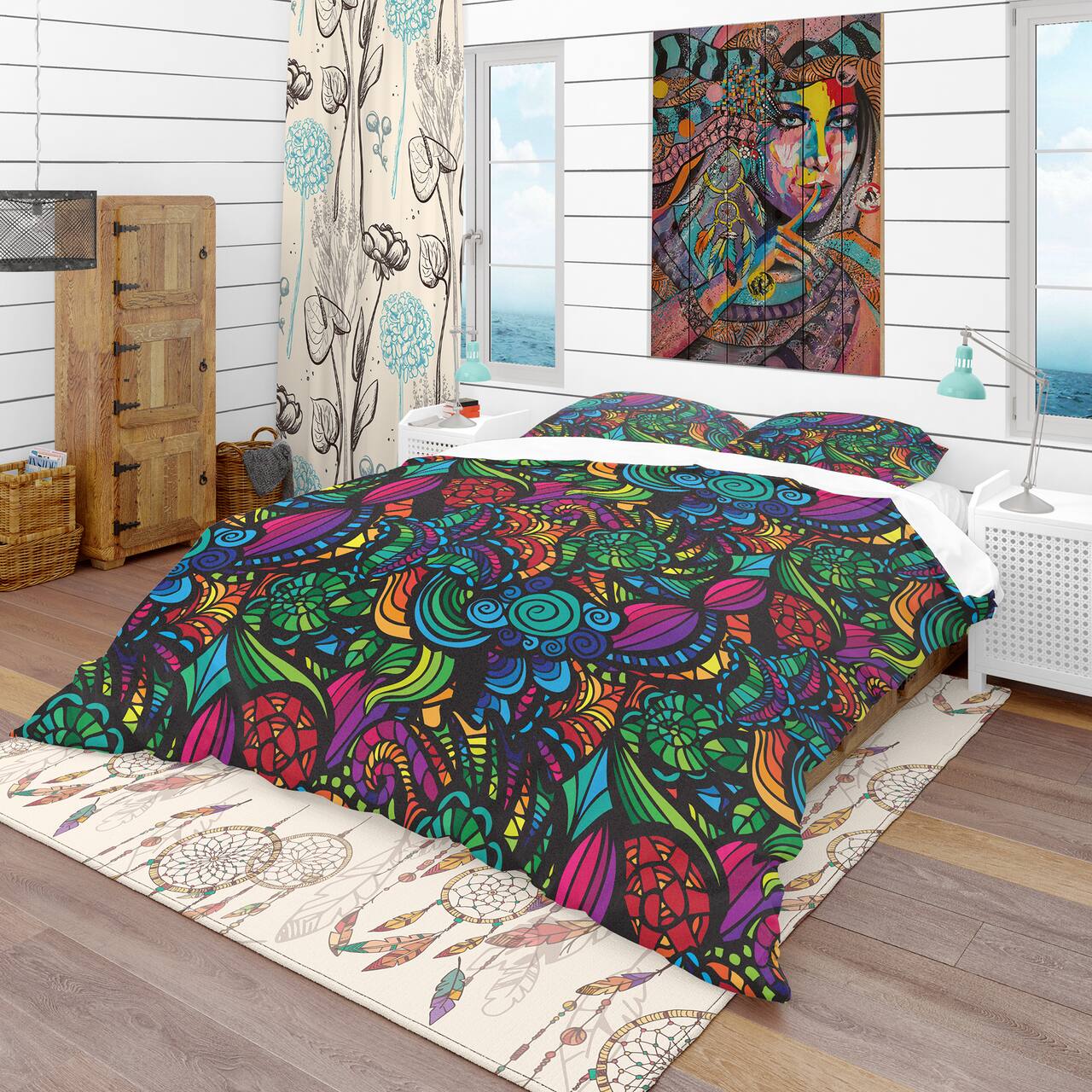 Designart 'Mosaic Pattern with Flowers' Bohemian & Eclectic Bedding Set - Duvet Cover & Shams